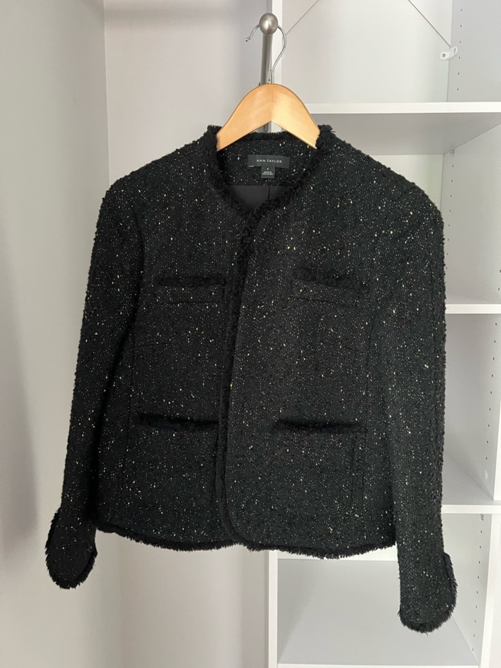 Ann Taylor Black Tweed Collarless Jacket with Metallic Flecks